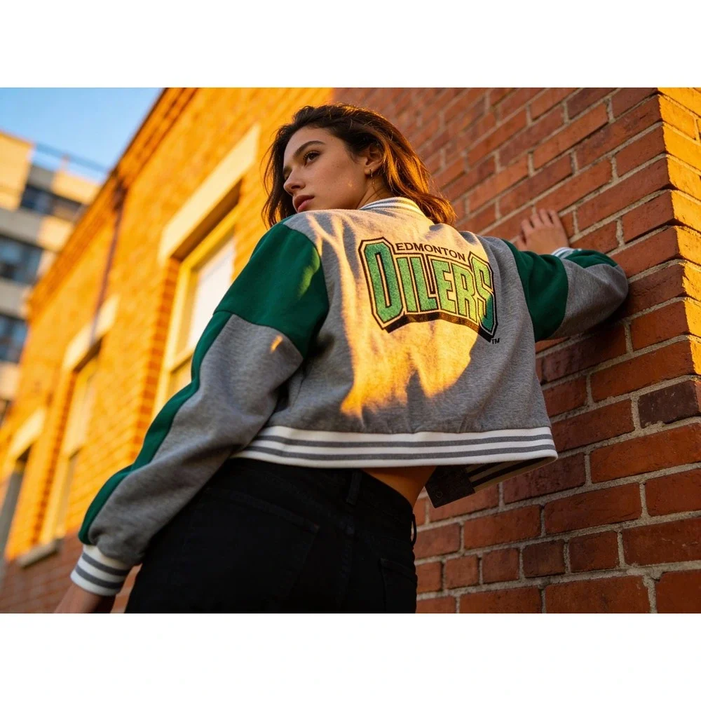 Christian Dior Edmonton Oilers Varsity Bomber Jacket Womens Crop Green‎ Grey L - Picture 9 of 10